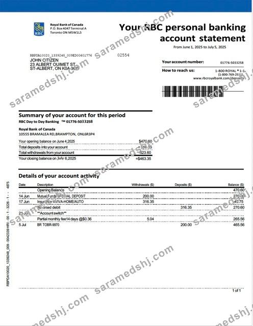 Canada Royal Bank of Canada account statement Word and PDF template